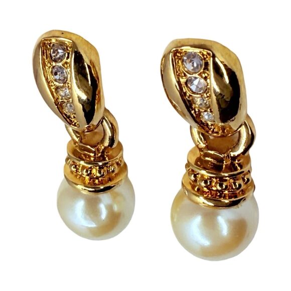 Vintage Gold-Tone White Pearl Door Knocker Dangle Earrings 1" Rhinestones - Picture 4 of 11